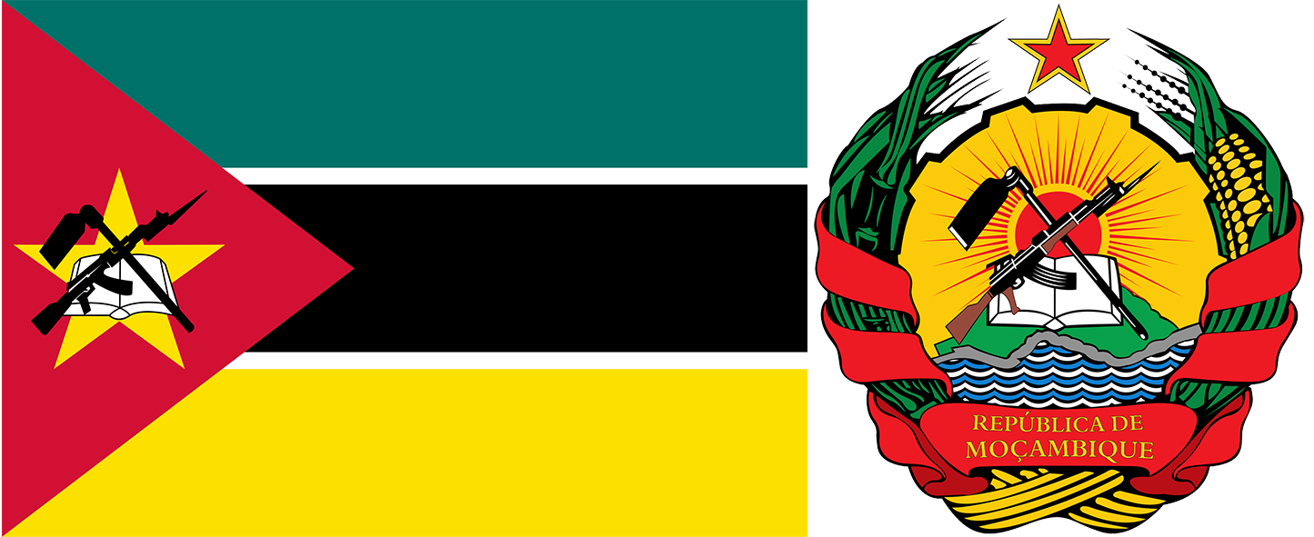 The flag and coat of arms of Mozambique.