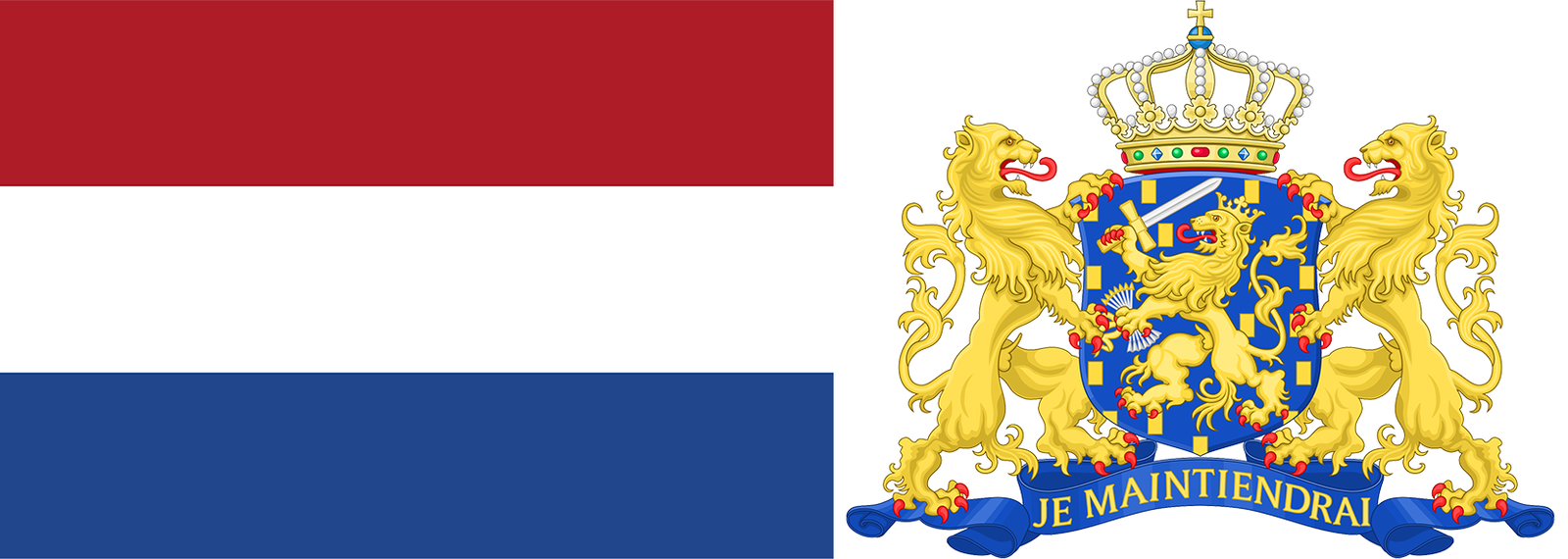 The flag and coat of arms of the Netherlands.