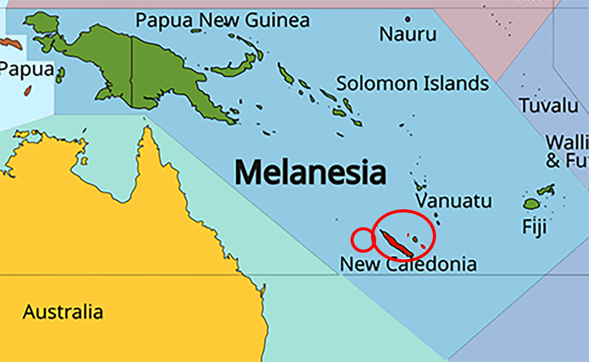 image of New Caledonia, in relation to Melanesia with New Caledonia in Red.