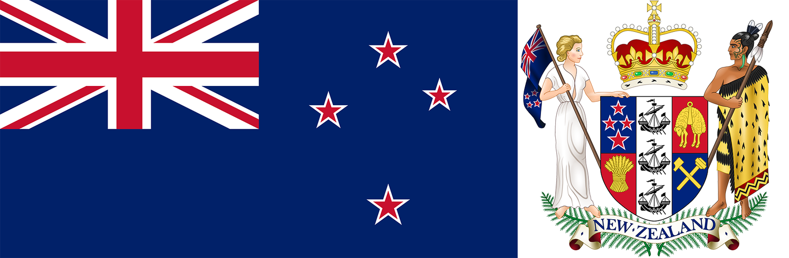 The flag and coat of arms of New Zealand.