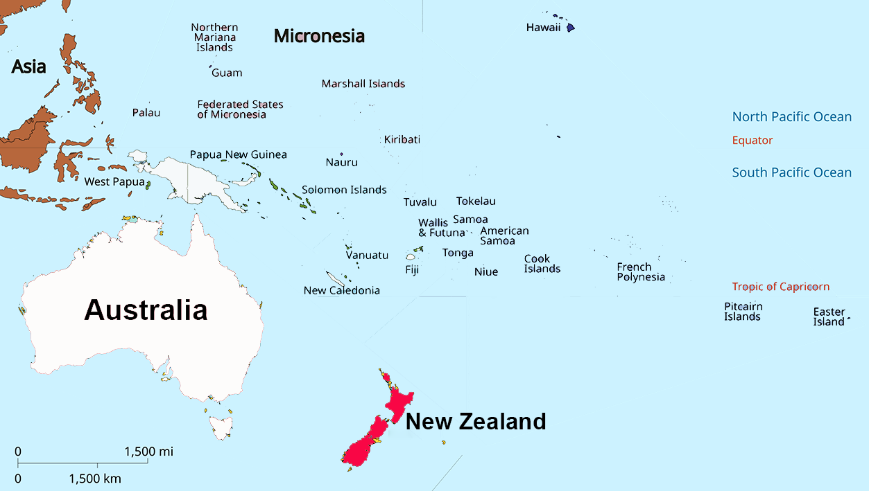 image of New Zealand, in relation to Oceania with New Zealland in Red.