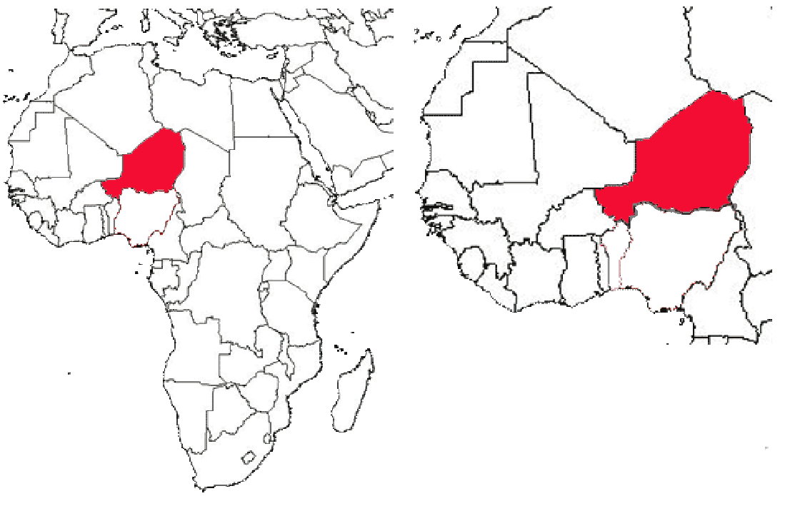 image of Nigeria, in relation to Africa (left) and West Africa (right).
