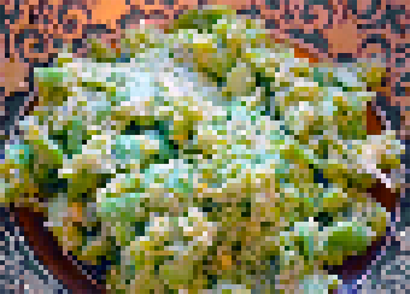 dish of peas, lentils and cheese rendered as a mosaic.