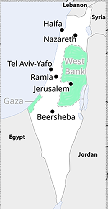 Location of Palestine in relation to Israel.