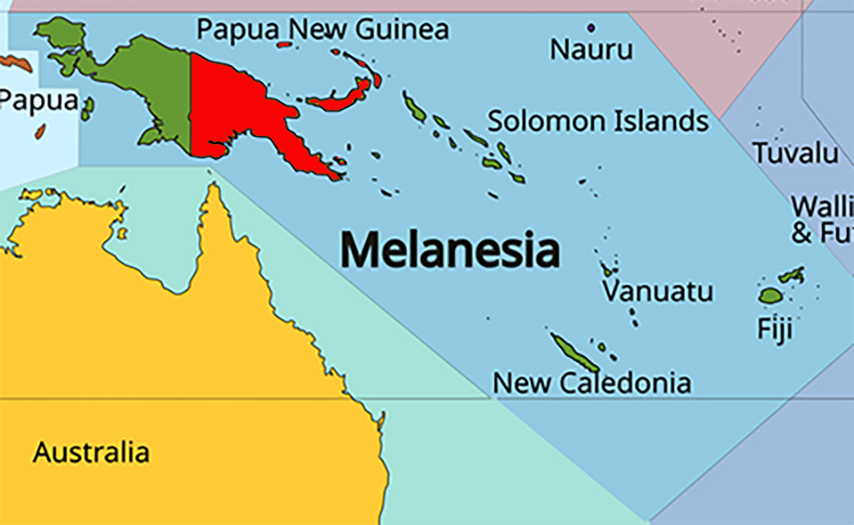 image of Papua New Guinea, in relation to Melanesia with Papua New Guinea in Red.