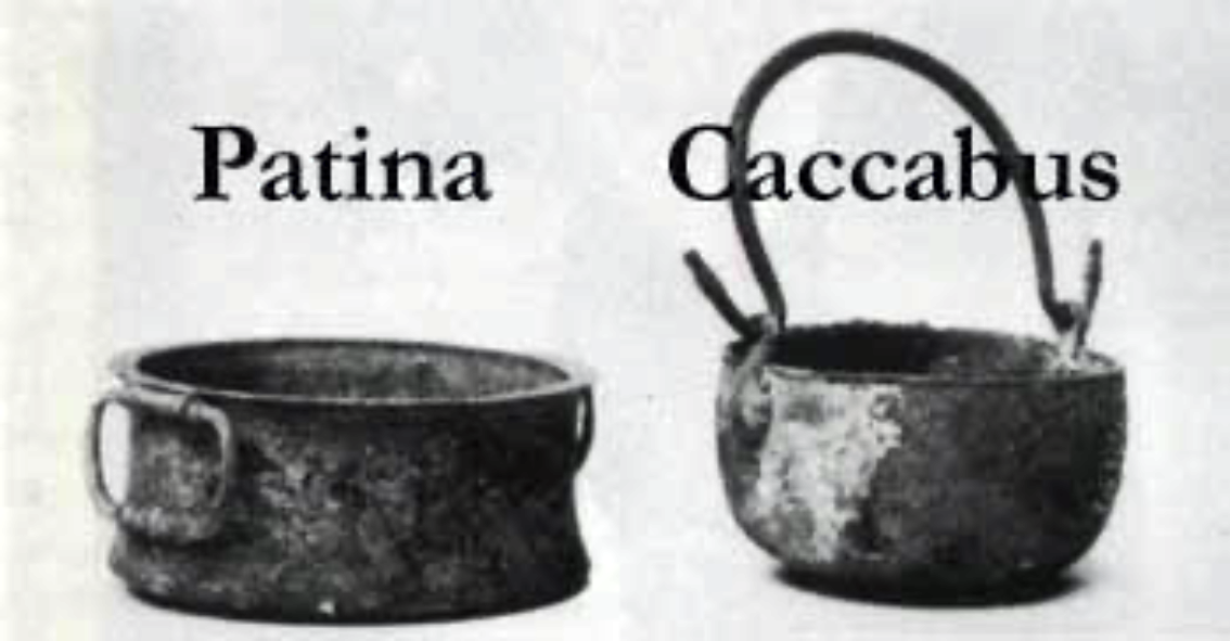 Images of two basic Roman cooking vessels, a patina and a caccabus.