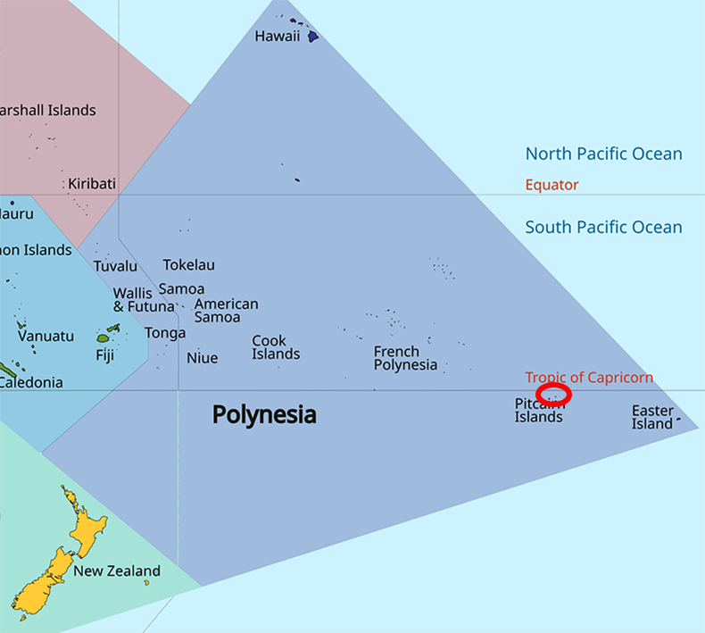 image of the Pitcairn Islands, in relation to Polynesia with Pitcairn Islands circled.