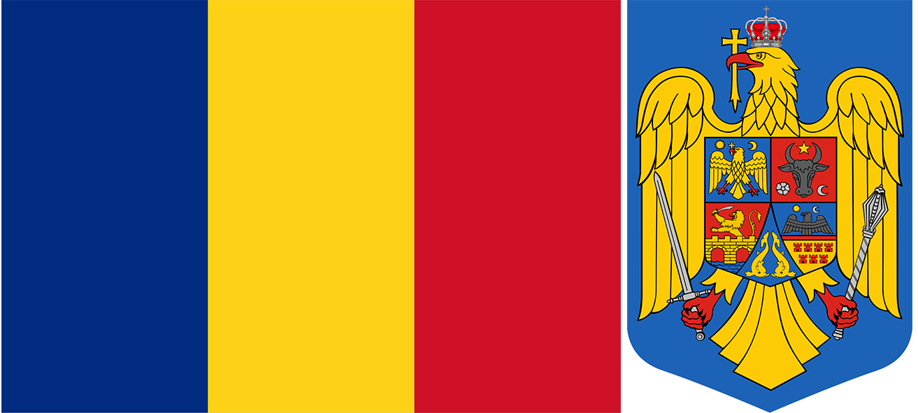 The flag and coat of arms of Romania.