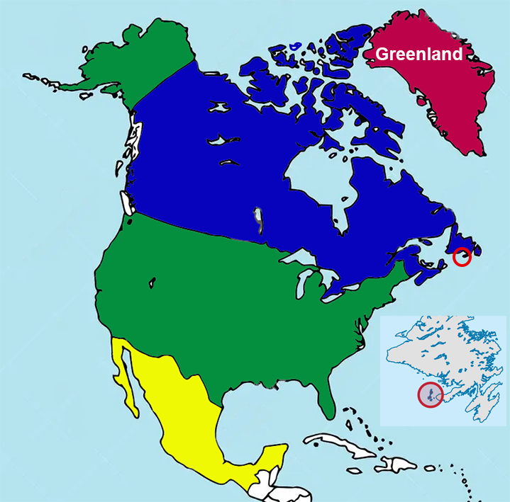 image of Saint Pierre and Miquelon, in relation to North America with Saint Pierre and Miquelon in Red
