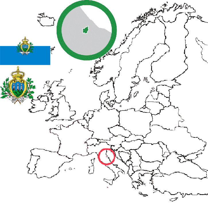 image of San Marino, in relation to Europe with with San Marino picked out in red and circled