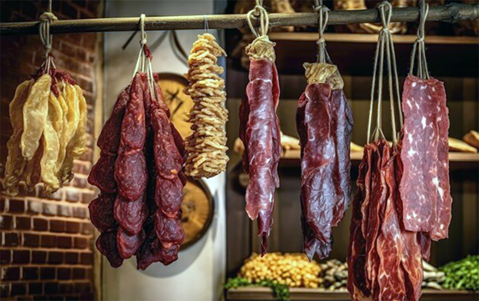 various cured meats suspended from a pole.