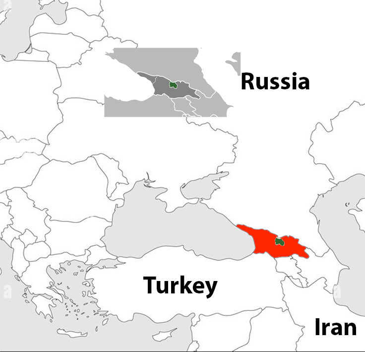 Location of South Ossetia in Georgia in the Caucasus.