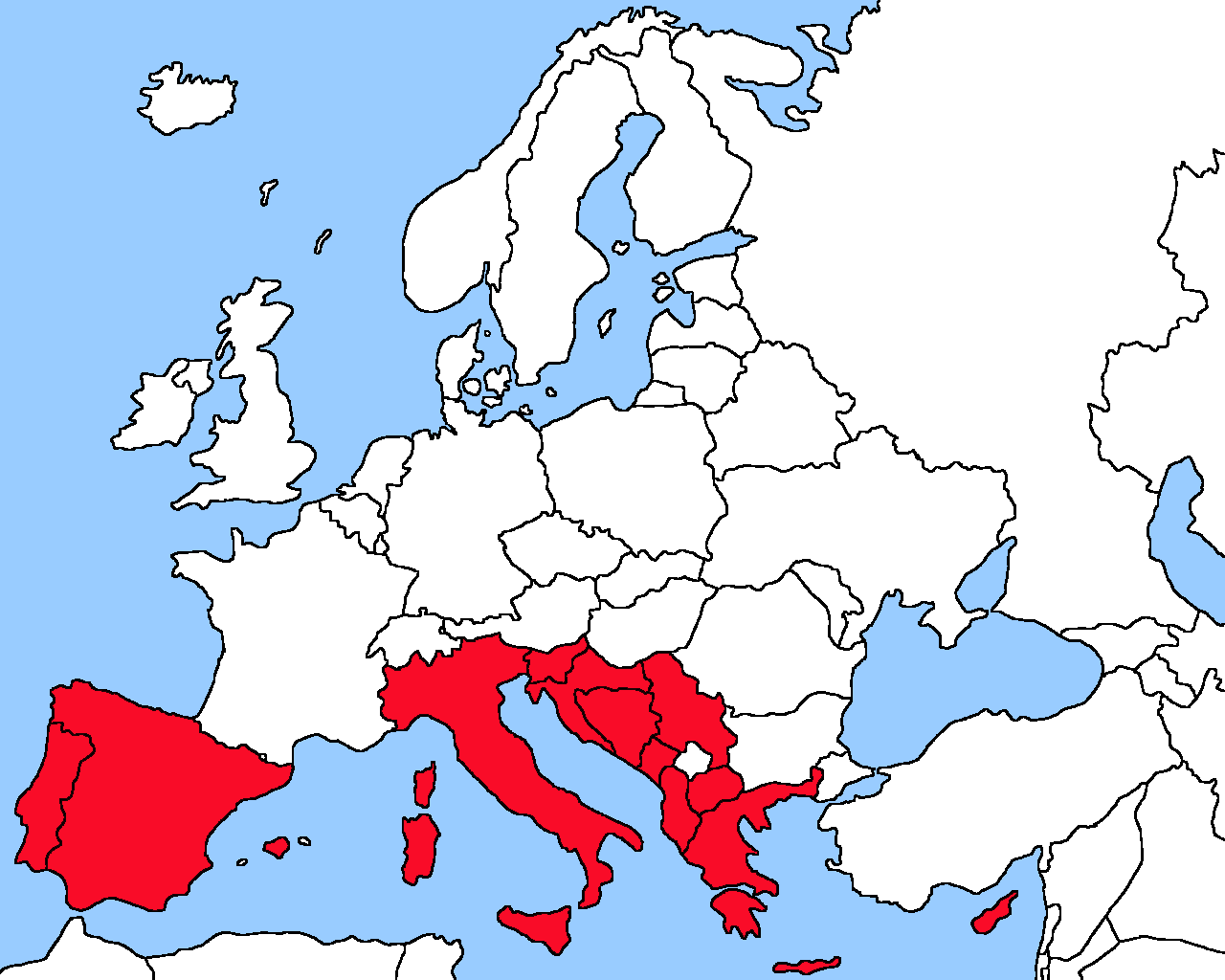 The map of Europe with Southern Europe in red.