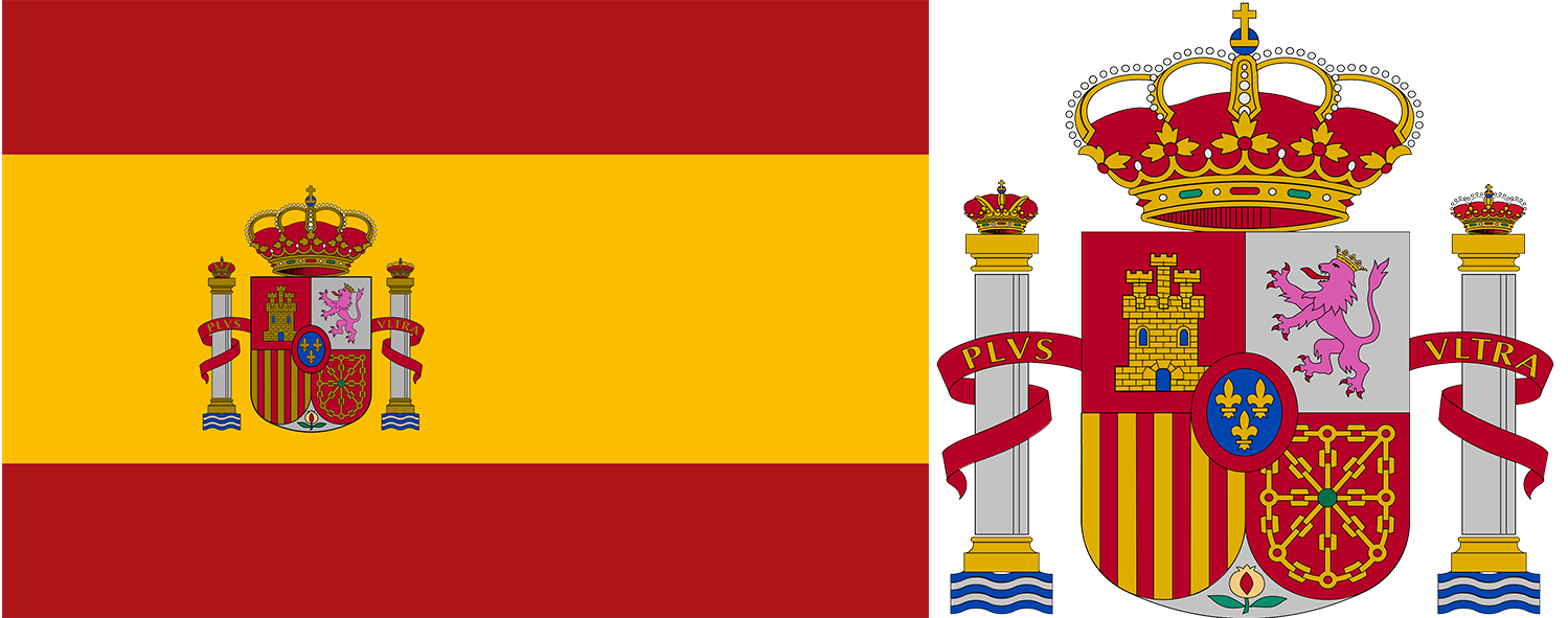 The flag and coat of arms of Spain.