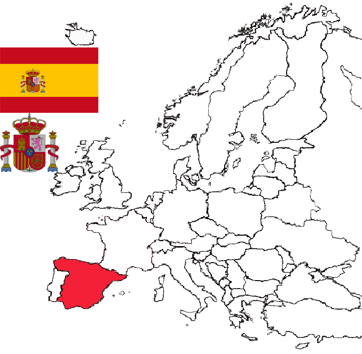 image of Spain, in relation to Europe with the flag and coat of arms inset