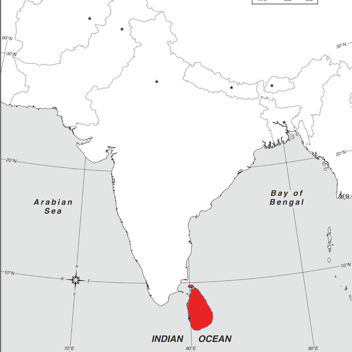 Location of Sri Lanka on the Indian Subcontinent.