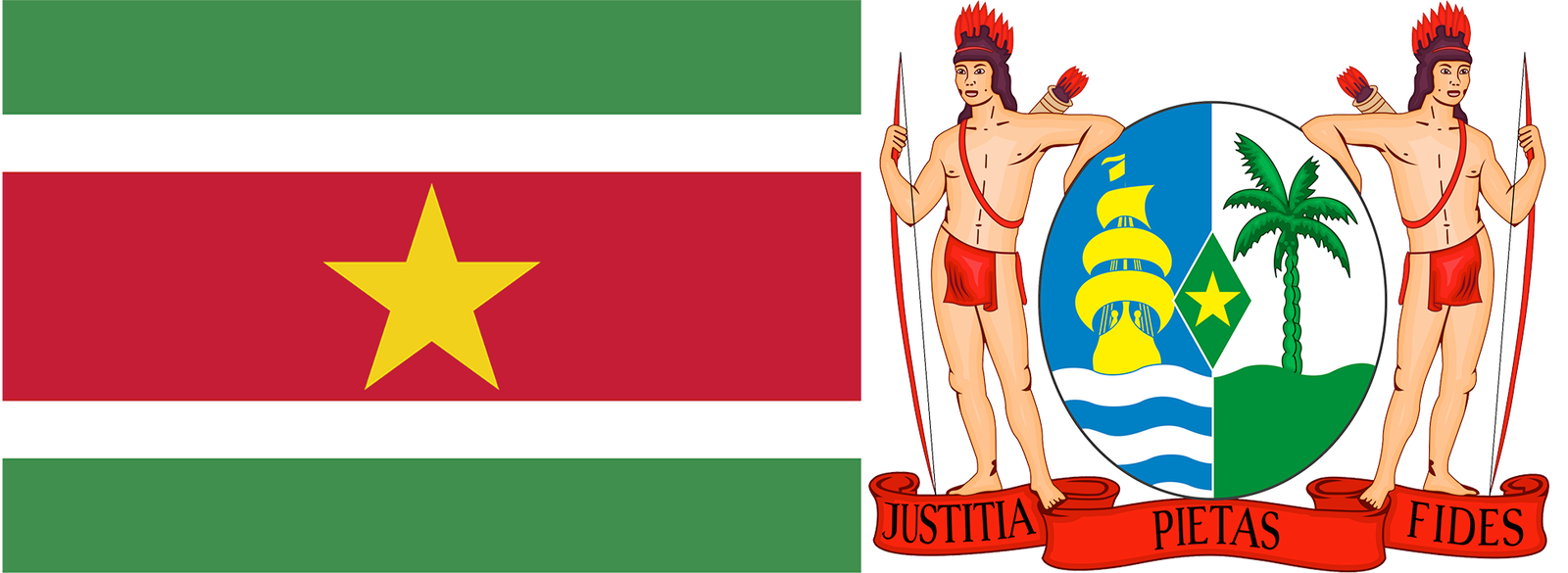 The flag and coat of arms of Suriname.