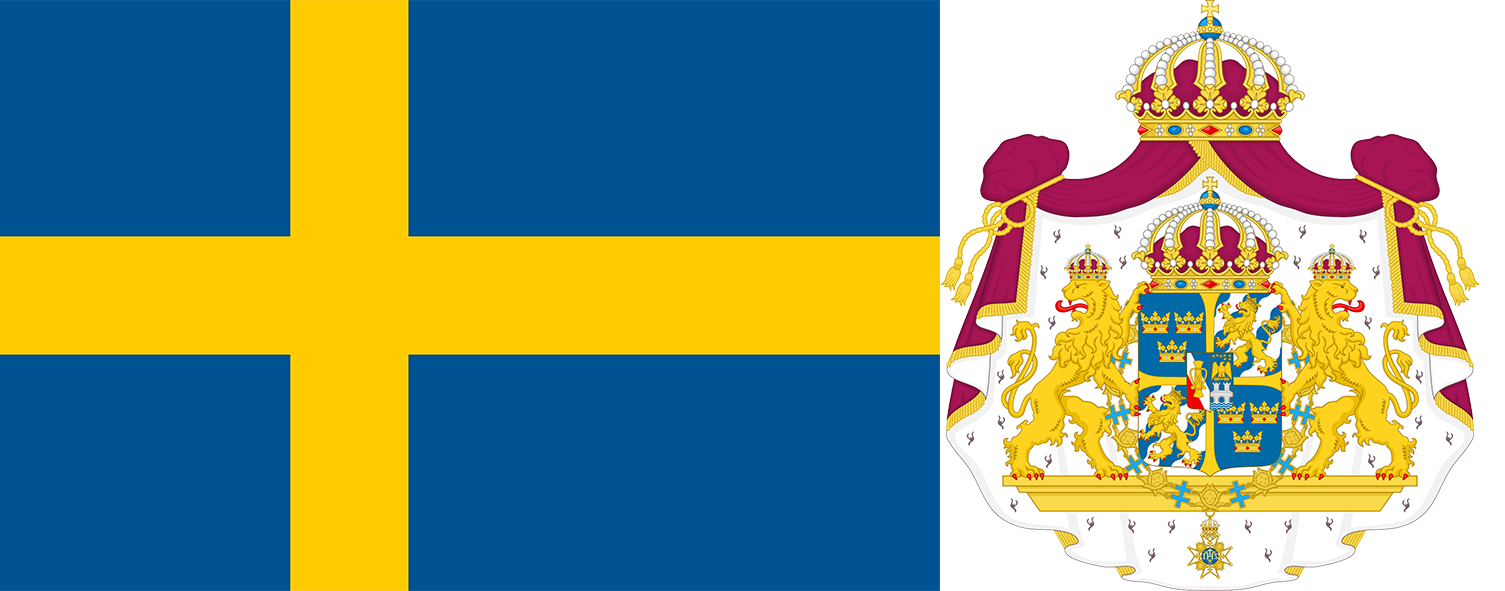 The flag and coat of arms of Sweden.