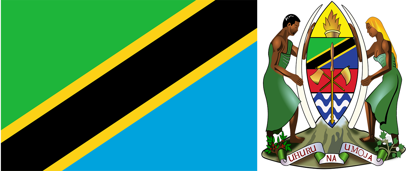 The flag and coat of arms of Tanzania.