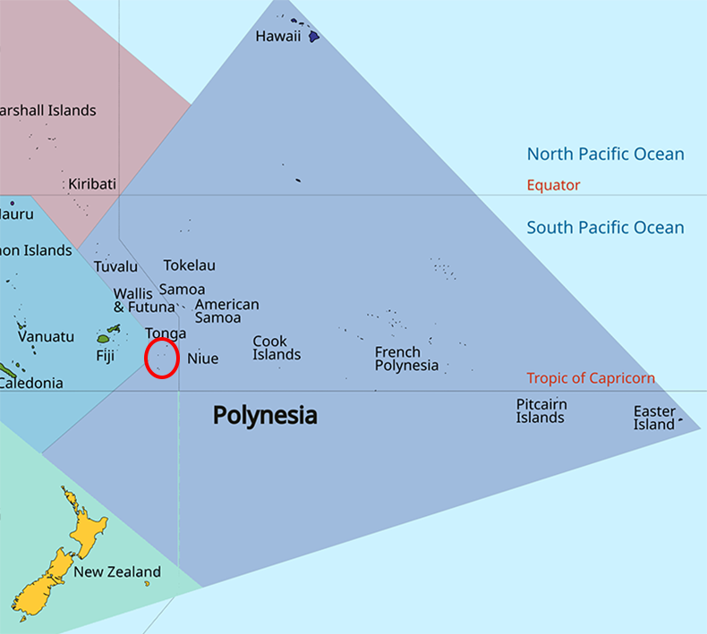image of Tonga, in relation to Polynesia with Tonga circled.