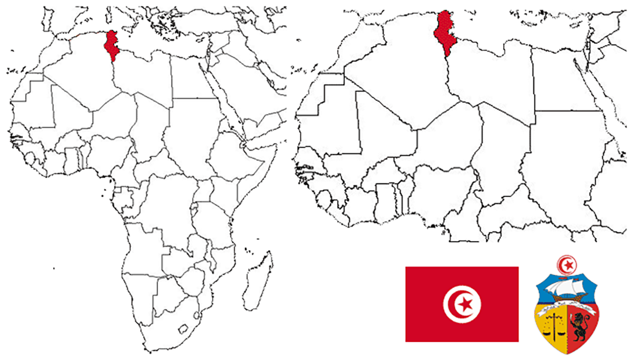 image of Tunisia, in relation to Africa (left) and North Africa (right).