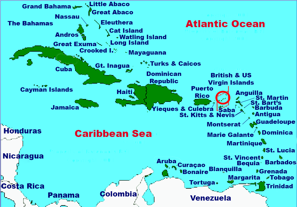 Location of the United States Virgin Islands in the Caribbean.