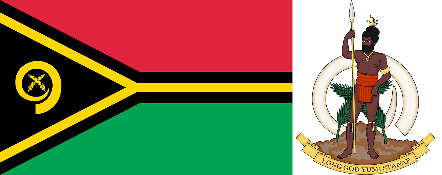 The flag and coat of arms of Vanuatu.
