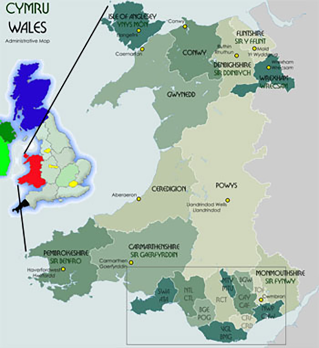 image of Wales, with relation to Britain and 22 Welsh council areas marked.