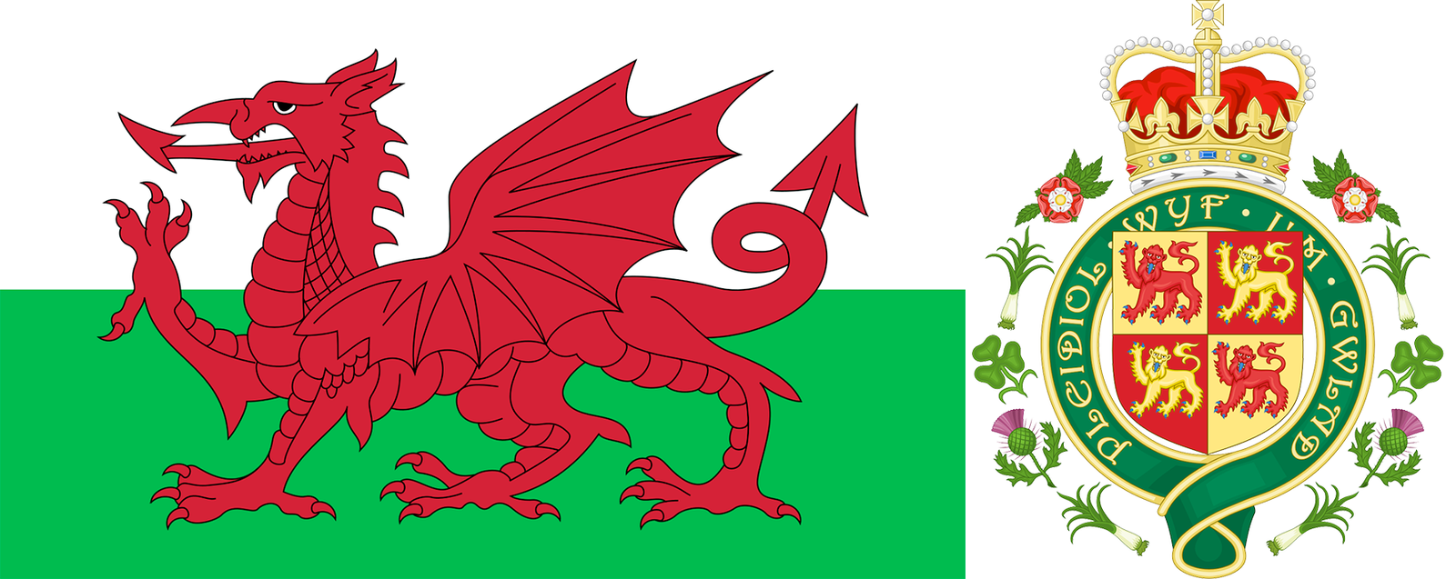 The flag and Royal Badge of Cymru/Wales.