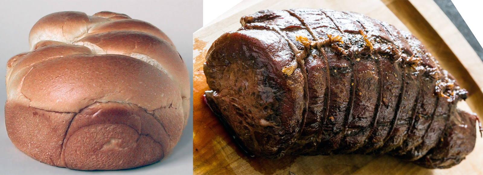 Baked bread and roast beef, the colouring of which is due to the Maillard reaction