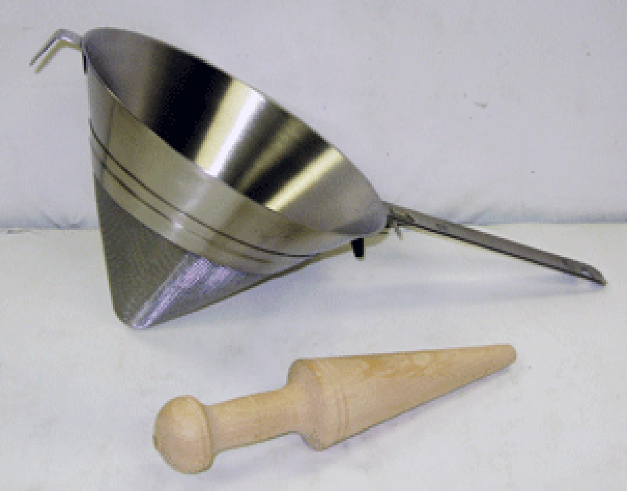 Chinoise, a fine-meshed, conical, metal sieve.