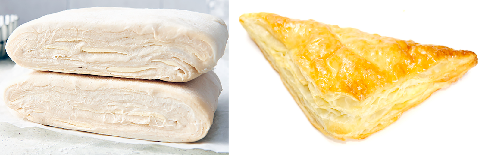 Raw and cooked flaky pastry