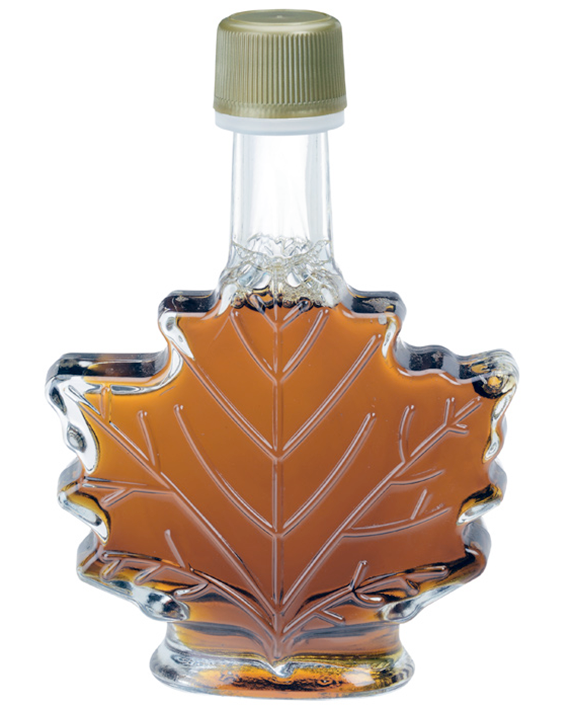 Canadian maple syrup in a maple leaf shaped bottle