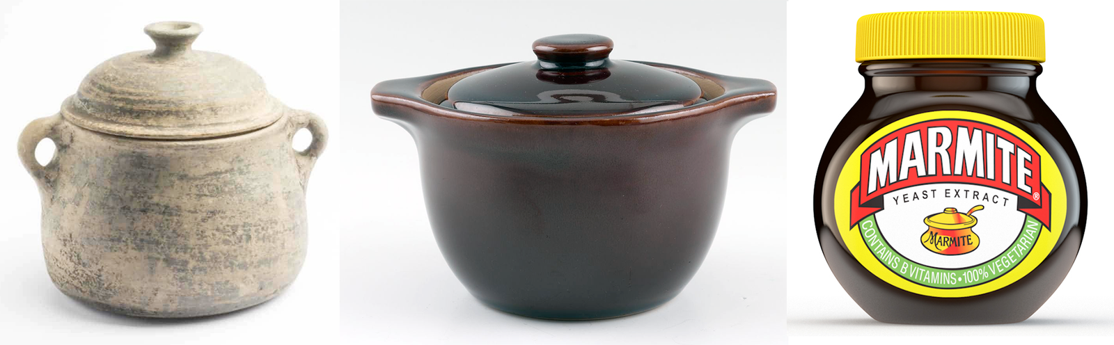 Traditional Marmite pot, modern marmite pot and British jar of Marmite spread