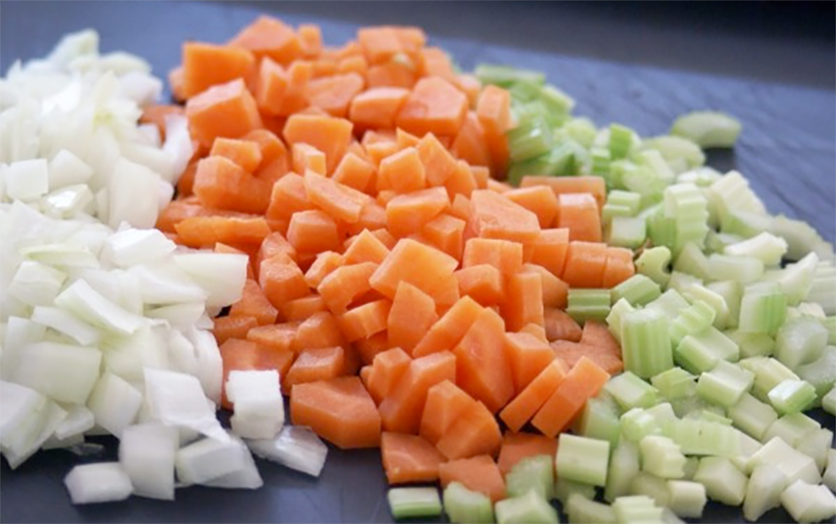 Classic mirepoix of diced onion, carrot and celery