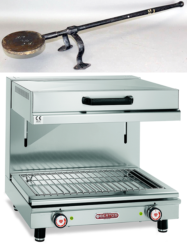 18th century cast iron salamander (top) and modern salamander grill, bottom