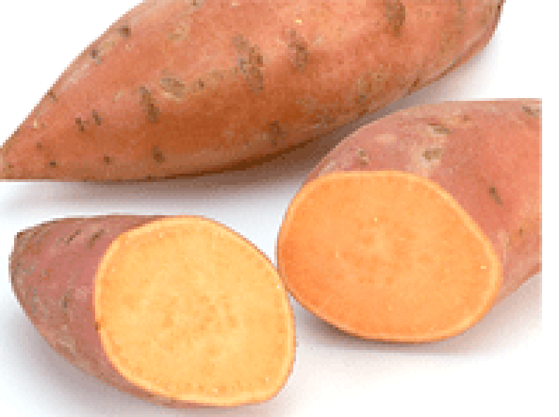 Orange-fleshed sweet potato, shown whole and sliced