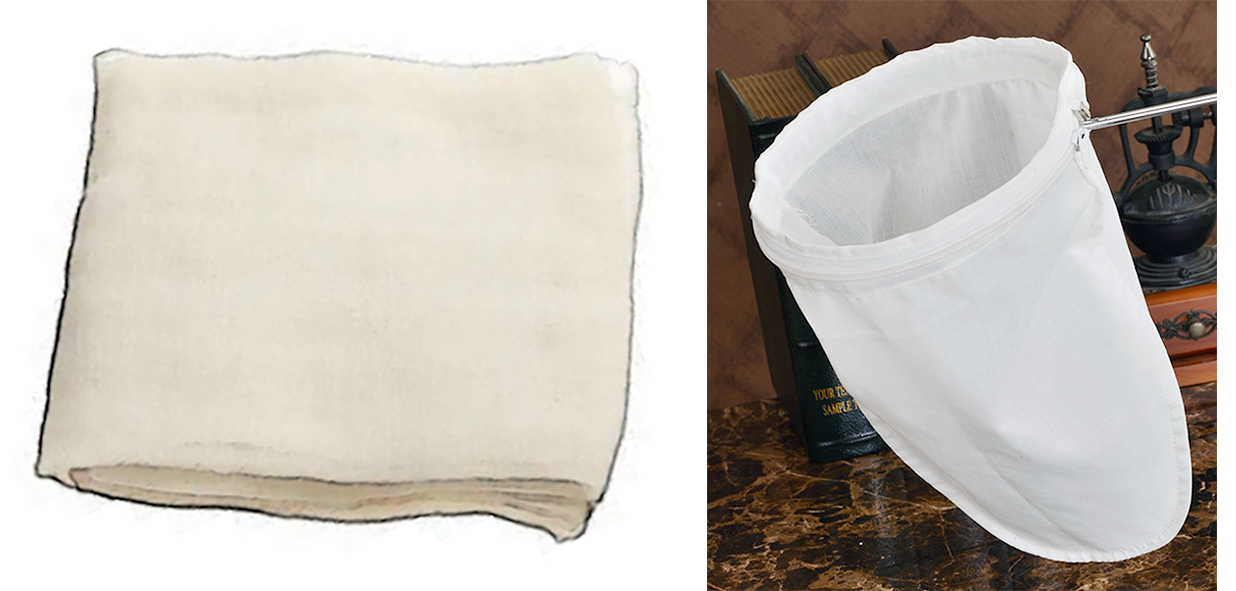 Tammy cloth (left) and a cloth tammy sieve (right)