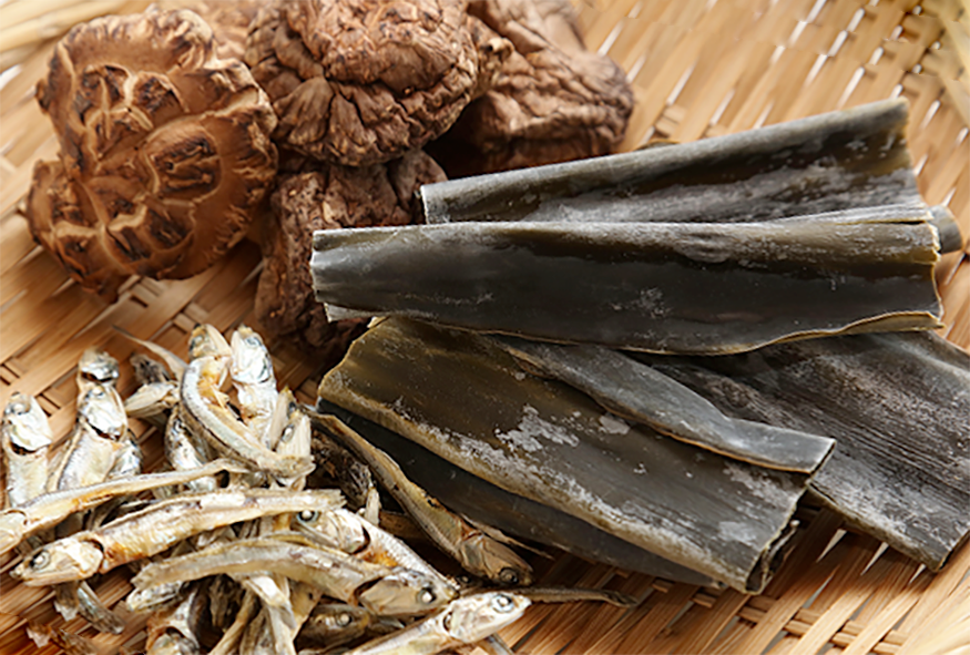 Umami-rich foods, dried anchovies, mushrooms and seaweed