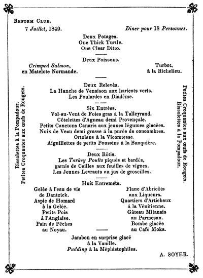 Alexis Soyer Reform Club Bill of Fare
