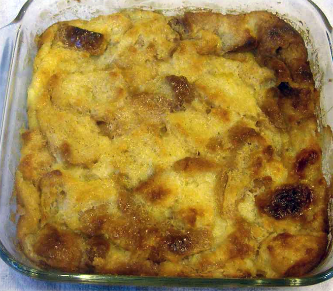 Amish bread pudding in a glass baking dish