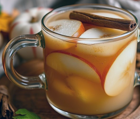 apple and cinnamon drink with apple pieces in a glass mug