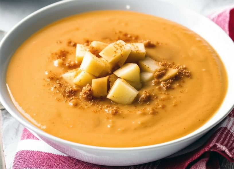 apple and peanut butter soup in a bowl garnished with apple pieces and chopped toasted peanuts