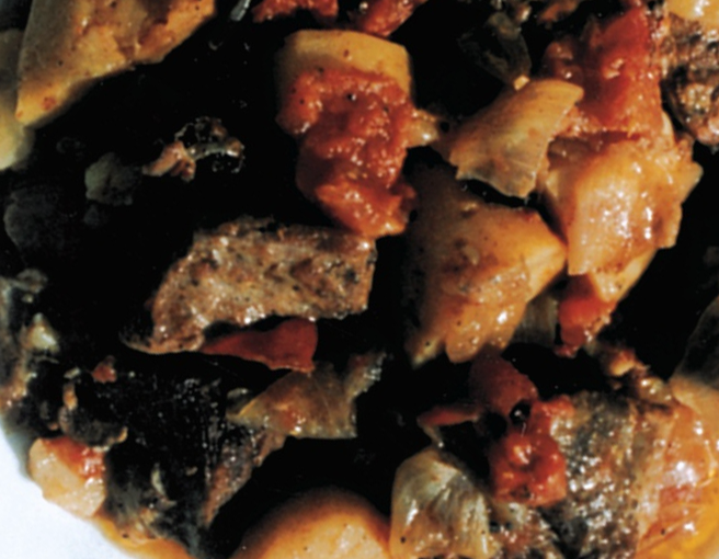 oven-roasted lamb with onions and tomatoes served on a plate