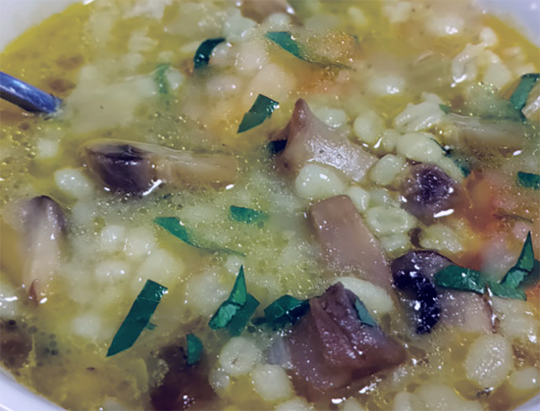 slow-cooked soup of pearl barley, mushroom pieces and three-cornered leek leaves in a bowl