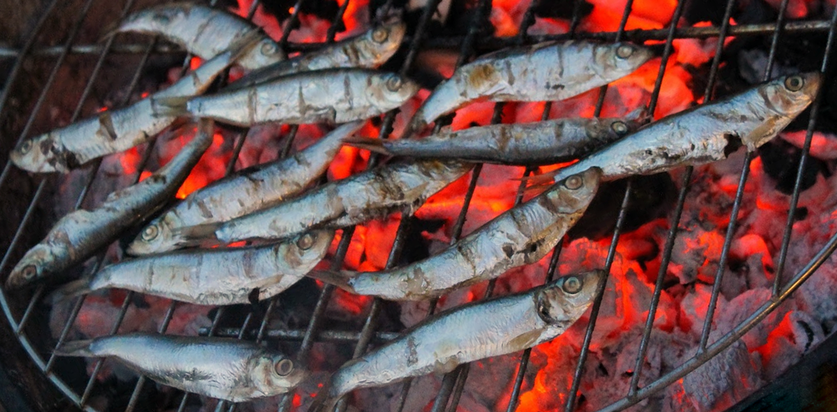 sprats cooking on a barbecue