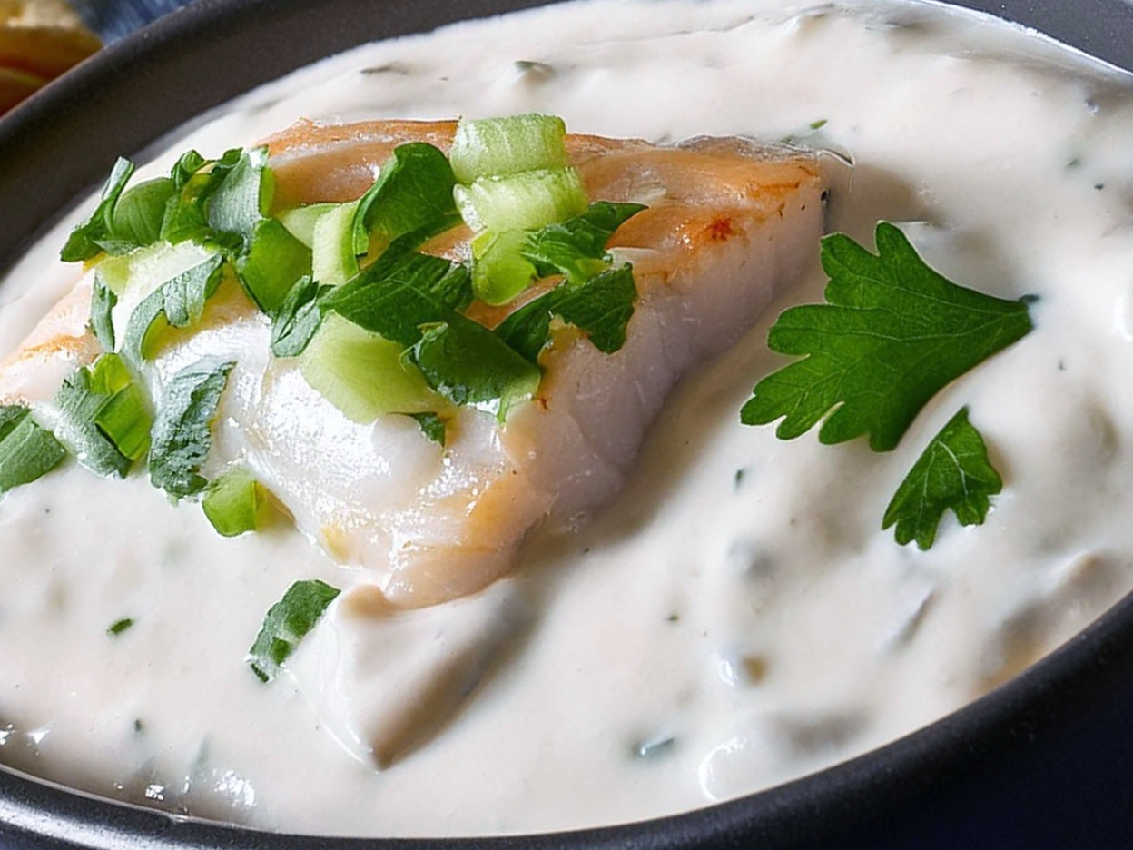 fish fillet and parsley on a bed of cream sauce