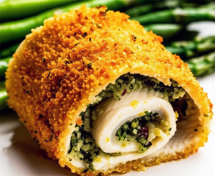 fried breaded rolled sole on a plate with asparagus