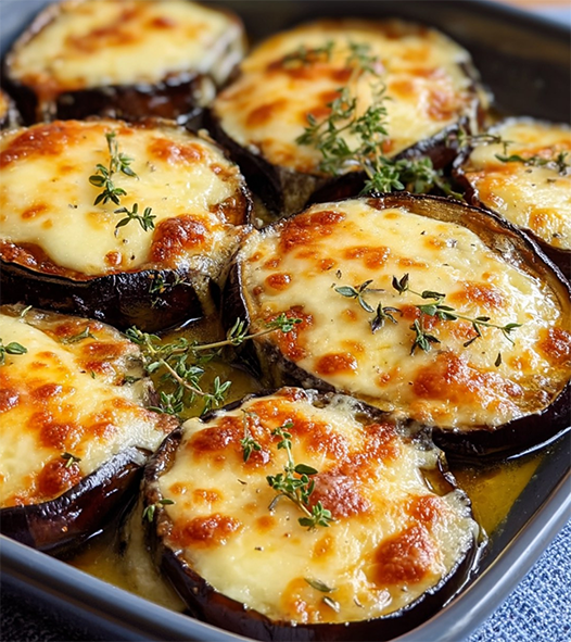 slices of aubergine topped with cheese baked in a roasting tin with stock and ground almonds