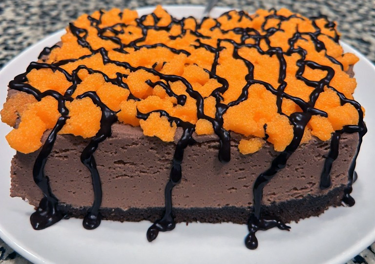 black bottom witch's pie of a cake crumb base covered in chocolate ice cream and orange sherbet with chocolate sauce